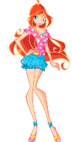 a cartoon girl is wearing a pink shirt and blue skirt