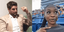 a man in a suit is sitting next to a woman in a stadium with a number 9 on her shirt
