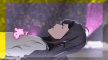 a girl with long black hair is laying down with a purple background