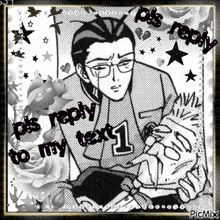 a black and white drawing of a man with glasses and the words " reply to my text 1 "