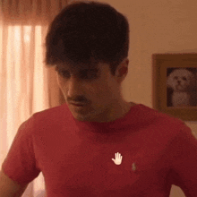 a man with a mustache is wearing a red shirt with a hand on the chest .