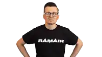 a man wearing glasses and a black t-shirt with ramair on it