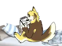 a drawing of a dog sitting on a bed holding a notebook