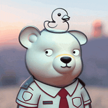 a teddy bear with a rubber duck on his head