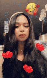 a woman is surrounded by hearts and a yellow smiley face