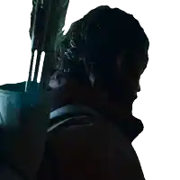 a man with a beard is holding an arrow in his right hand