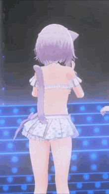 a purple haired anime girl with a cat tail on her back