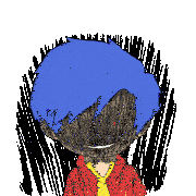 a drawing of a boy with blue hair and the words areee madarschool behind him