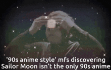 a man looking through binoculars with the words ' 90s anime style ' on the bottom right
