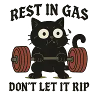 a black cat is lifting a barbell with the words rest in gas don t let it rip