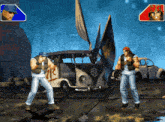 two fighters are standing in front of a vw bus with the letter w on it