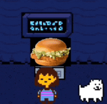 a video game character standing next to a hamburger and a dog