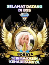 a gold emblem with a picture of a woman and the words selamat datang di b3s on it