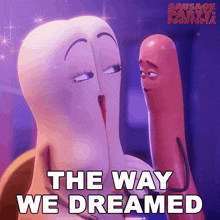 a poster for sausage party 2 foodtopia shows two sausages kissing each other