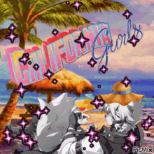 a picture of two anime characters on a beach with the words california girls on it