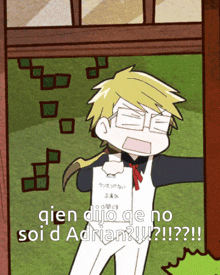 a cartoon of a man holding a piece of paper that says qien dijo ge no soi d adrian !!!