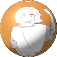 a drawing of a girl in a white shirt is on an orange ball
