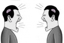two men are talking to each other with their mouths open and their brains on their heads .