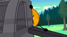 a cartoon character is standing in front of a tent in the woods