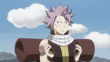 a cartoon character with purple hair and a backpack