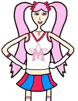 a cheerleader with pink hair is wearing a white top with a m on it