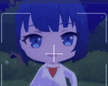a cartoon character with blue hair and a white cross on her face