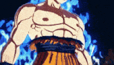 a close up of a cartoon character 's chest and torso with a blue background .