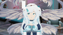 a girl with white hair and wings has a letter l on her forehead