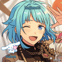 a picture of a girl with blue hair has the name valen on it