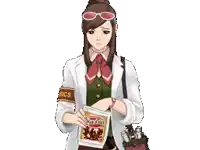 a woman in a white coat is holding a bag of snacks