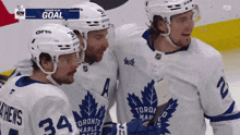 toronto maple leafs hockey players celebrate a goal with a sn logo in the background