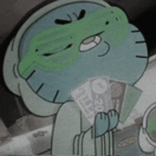 a cartoon character from the amazing world of gumball is holding a bunch of money in his hands .