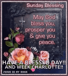 sunday blessing may god bless you , prosper you and give you peace have a blessed day and week charlotte jesus is my rock