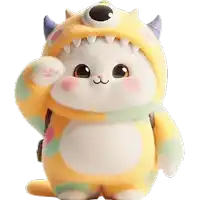 a stuffed animal wearing a yellow monster costume with horns and a backpack .