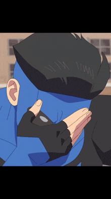 a drawing of a man with blue hair and black gloves