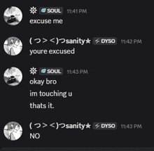 a screenshot of a conversation between soul and sanity at 11:43 pm