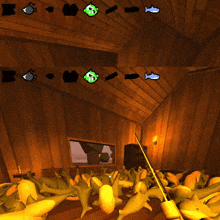 a bunch of stuffed fish are in a room with a fishing pole