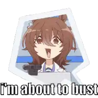 a sticker of a girl with a gun and the words " i 'm about to bust "