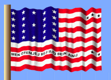 a red white and blue flag with the words men otemjej rejild bein anj on it
