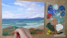 a painting of a seascape is being painted by a person