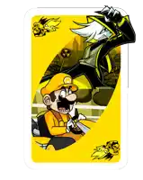 a yellow playing card with a cartoon of mario and a monkey