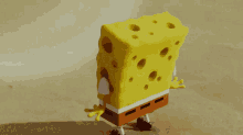 a cartoon character named spongebob is jumping in the air with his eyes closed