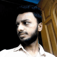 a man with a beard wearing a white shirt looks at the camera