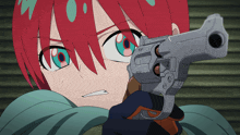 a girl with red hair is pointing a gun at something