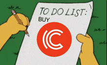 a cartoon character is writing on a to do list that says buy