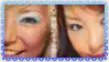 a close up of two women 's faces with a blue border around them