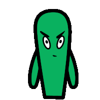 a cartoon drawing of a green object with an angry expression