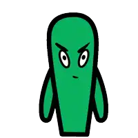 a cartoon drawing of a green object with an angry expression