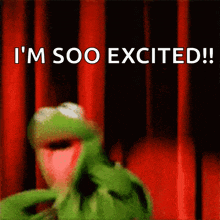 kermit the frog is standing in front of a red curtain and says i 'm soo excited