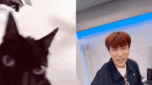 a black cat is looking at a young man in a black jacket